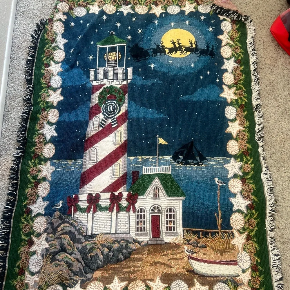 VNTG Santa Reindeer Christmas Light House Tapestry Blanket‎ Country Southwestern